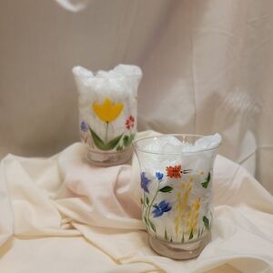 Pair Of Elegant Painted Floral Candle Holders with Watercolor Accents
